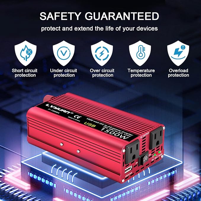 Power Inverter 700W/1500W Dual AC Outlets and USB Charging Port DC 12V to 110V - Image 4