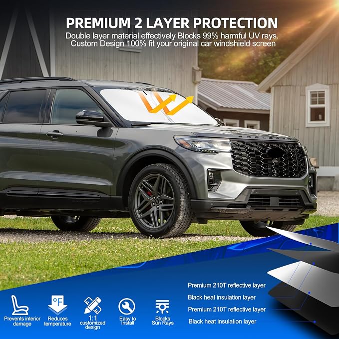 Windshield Sun Shade for Ford Explorer 2020-2025 Foldable Sunshade Custom Fit - Image 3