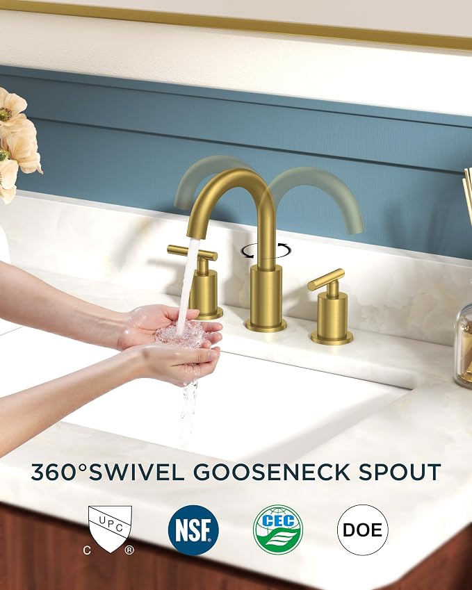 FORIOUS 8 Inch Widespread Brushed Gold Bathroom Faucet 3 Hole, 2 Handle Gold - Image 4