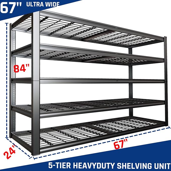 67" W Garage Shelving Heavy Duty, Adjustable 5 Tier Metal Shelves, Commercial - Image 2