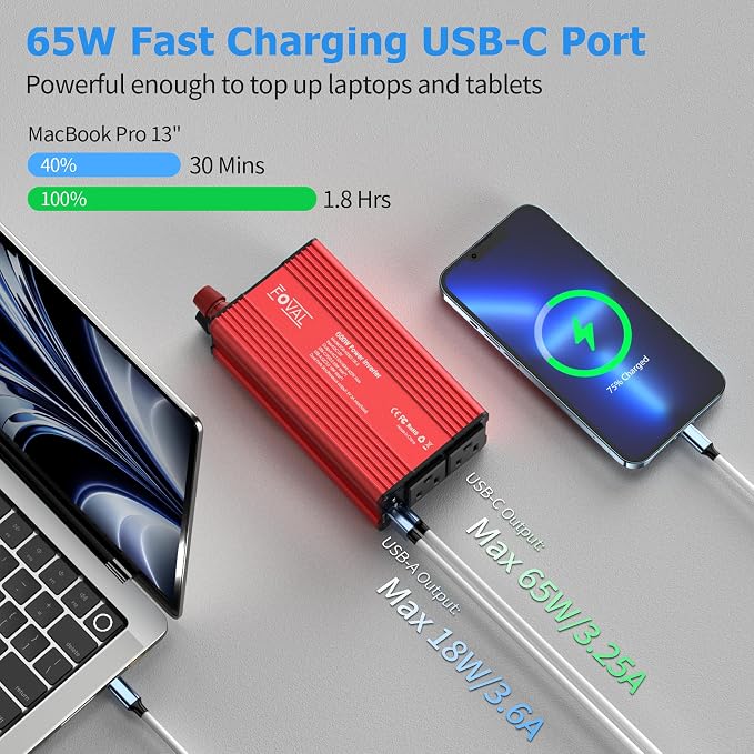 FOVAL 600W Power Inverter 12V DC to 110V AC Car Plug Adapter Outlet Converter - Image 3