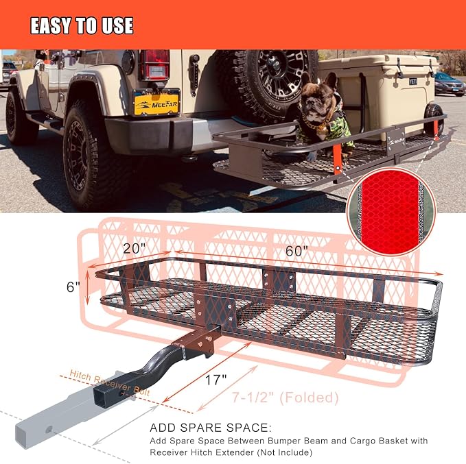 MeeFar Folding Hitch Mount Cargo Carrier Basket 60" X 20" X 6"+Waterproof Cargo - Image 5