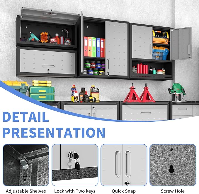 Garage Wall Cabinet with Flip-Up Door, Lockable Metal Storage Cabinet Wall - Image 6