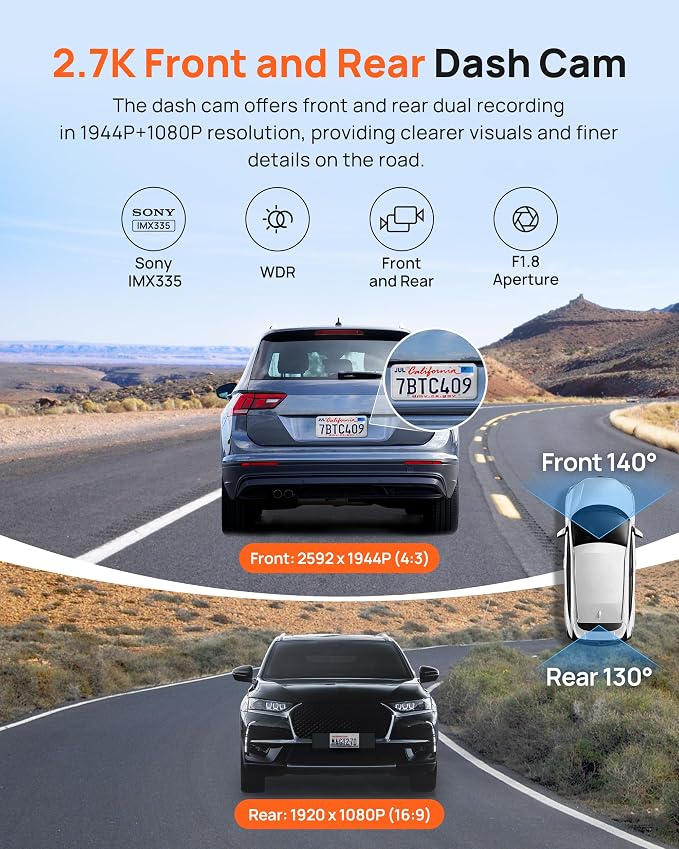 70mai 2.7K Dash Cam Front and Rear A500S, Dual Dash Camera - Image 2