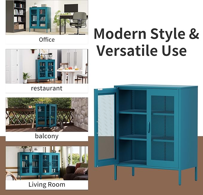 Metal Storage Cabinet with Mesh Doors, Steel Display Cabinet with Adjustable - Image 4