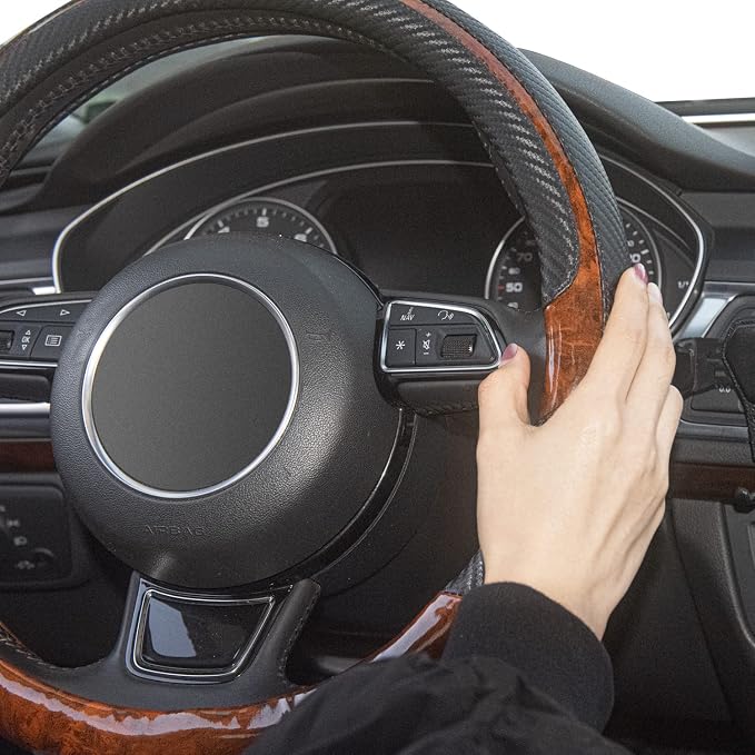 Xizopucy Wood Grain Steering Wheel Cover Black Universal Microfiber Leather - Image 5