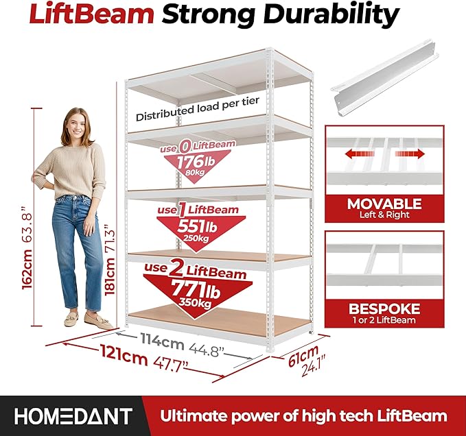 HOMEDANT White 5 Tier Laminated Boltless Heavy Duty Garage Storage Adjustable - Image 2
