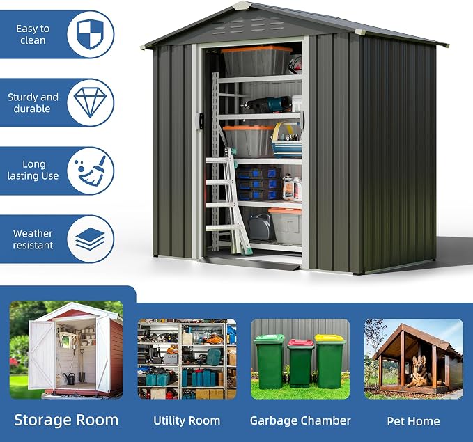 JYQAQA 6x4 FT Outdoor Garden Storage Shed, Waterproof Metal Garden Sheds - Image 4