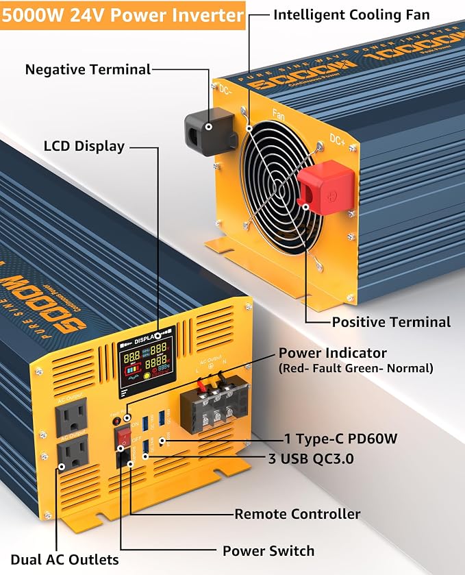 5000 Watt Power Inverter Pure Sine Wave 24V DC to 110V 120V 10000W Peak Heavy - Image 2