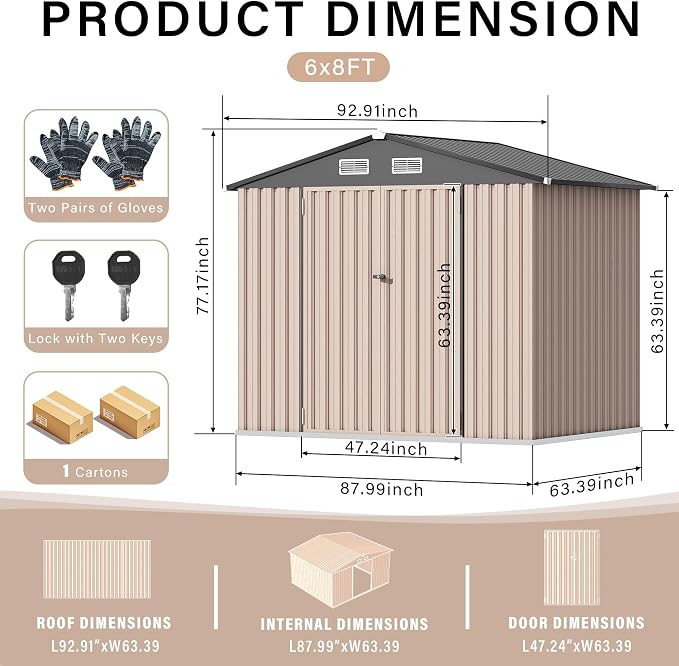 6x8x6.4 FT Outdoor Storage Sheds, Metal Garden Tool Shed - Image 2
