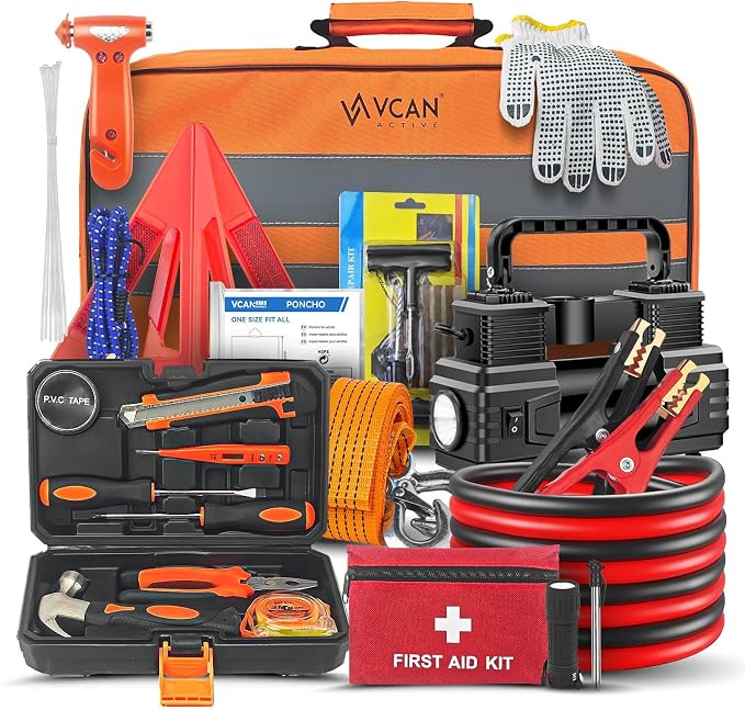 Car Emergency Kit with Portable Air Compressor, First Aid Kit, Jumper Cables by VCANACTIVE