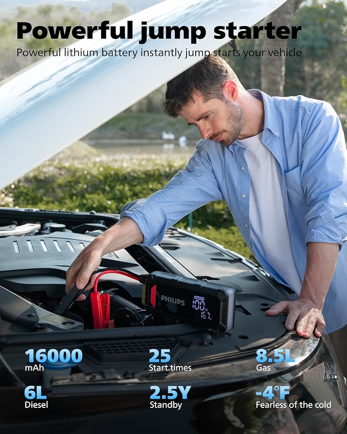 PHILIPS 2300A Car Battery Jump Starter, 12V 16000mAh Portable Lithium Jump - Image 2