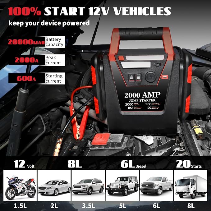 2000A Jump Starter with Air Compressor, Car Battery Jumper Starter 260 PSI Tire - Image 2