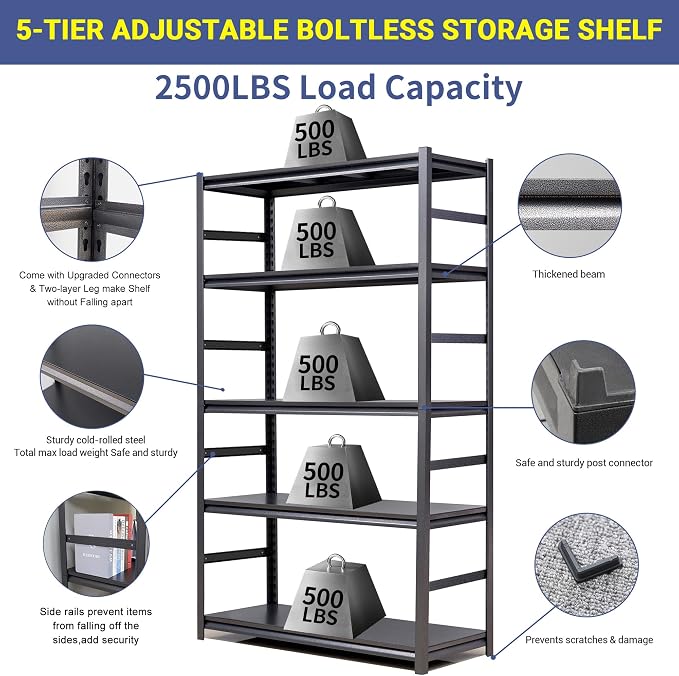 TOPKEY Metal Storage Shelf Garage Storage Shelves, Heavy Duty 5-Tier Utility - Image 4