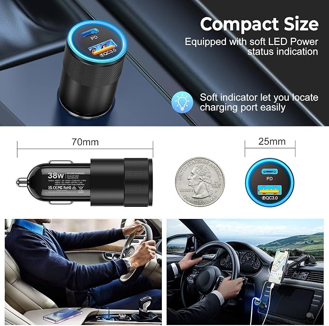 Car Charger USB C 3-Pack, Ancekoy 38W Dual Port PD + QC 3.0 Car Charger Adapter - Image 5
