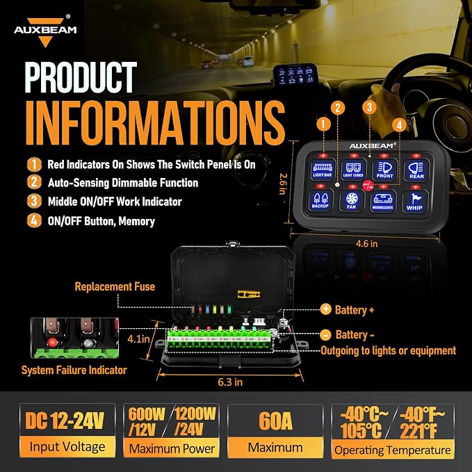 Auxbeam 8 Gang Switch Panel BA80 Automatic Dimmable LED Touch Control Panel Box - Image 2