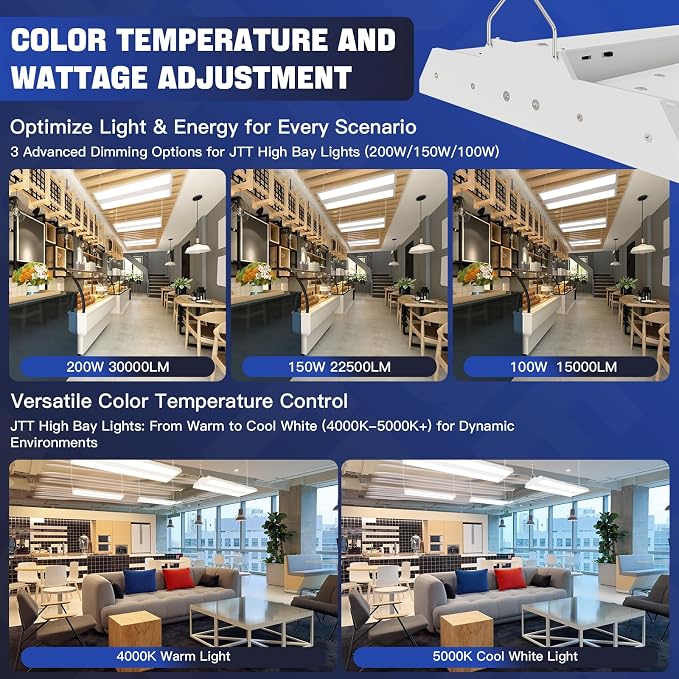 JTT LED Linear High Bay Light, 200/150/100W 30000LM Shop Light Commercial 360° - Image 7
