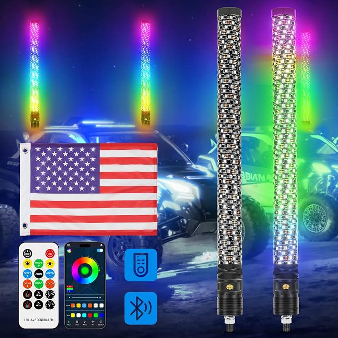 DREAMIZER 2PCS 2FT Fat Whip Lights 360°Spiral Chase Offroad Warning Lighted - Image 3
