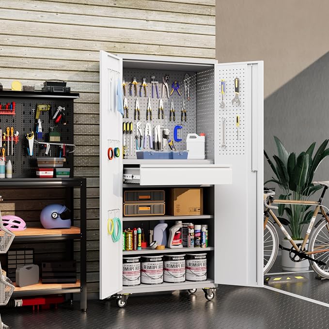 Garage Storage Cabinet with Locking Doors and 2 Adjustable Shelves, Pegboard - Image 2