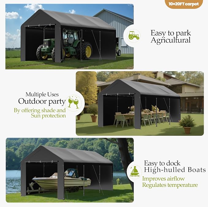 GOJOOASIS 10x20 Carport Heavy Duty Portable Garage Shelter Metal Car Canopy Tent - Image 6