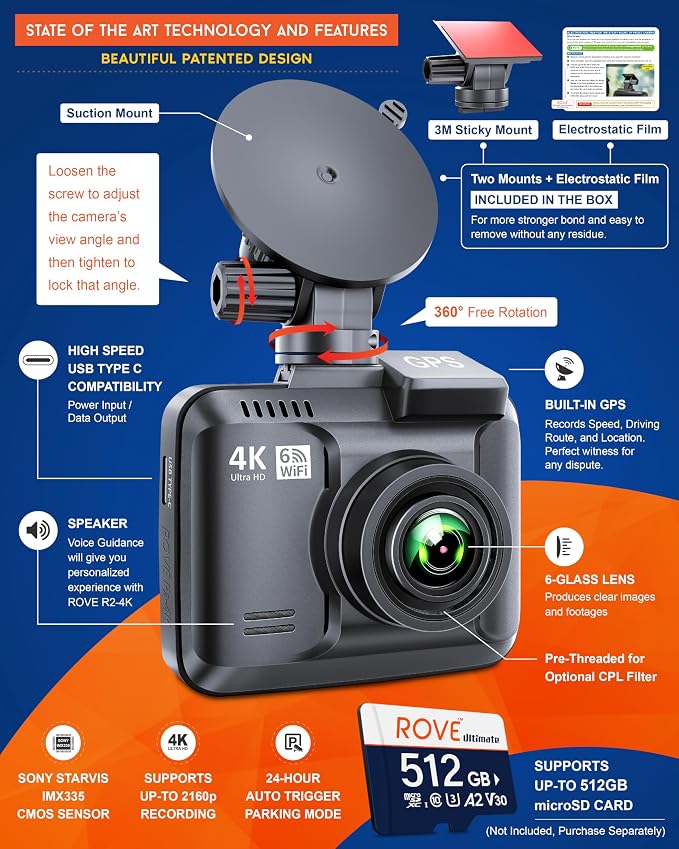 ROVE R2-4K Dash Cam Built-in WiFi 6 GPS Car Dashboard Camera Recorder - Image 3