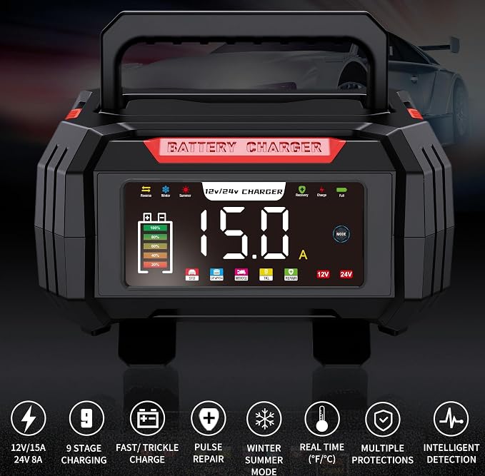 15 Amp Battery Charger, 12V 24V LiFePO4 Car Battery Charger 9-Stage Trickle - Image 2