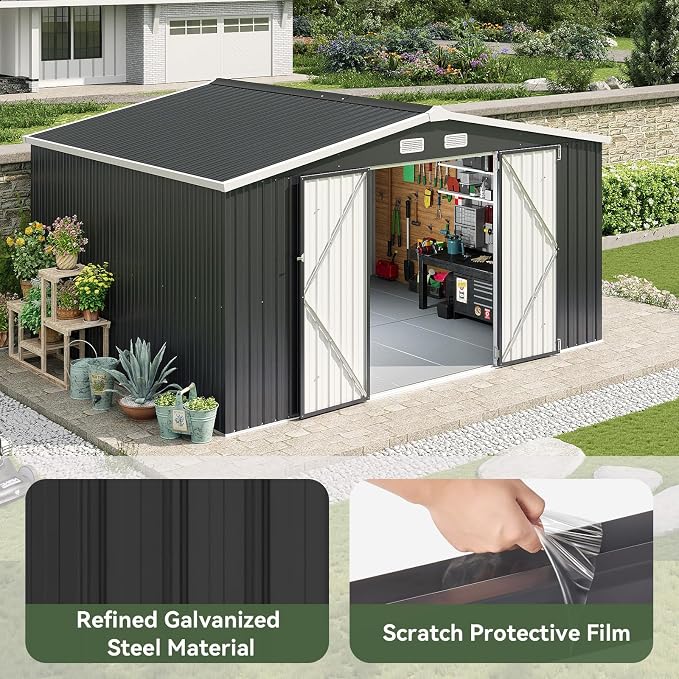 Aoxun 12x10 FT Shed Metal Outdoor Waterproof Storage Shed Steel Utility Garden - Image 8