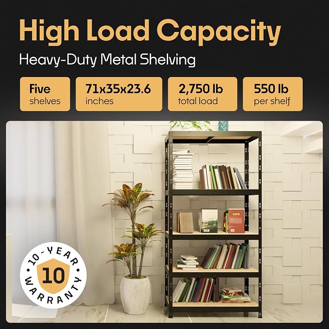Storage Shelves: 5 Storage Shelves Heavy Duty w/ 2, 750 lb Total Load Capacity - Image 3