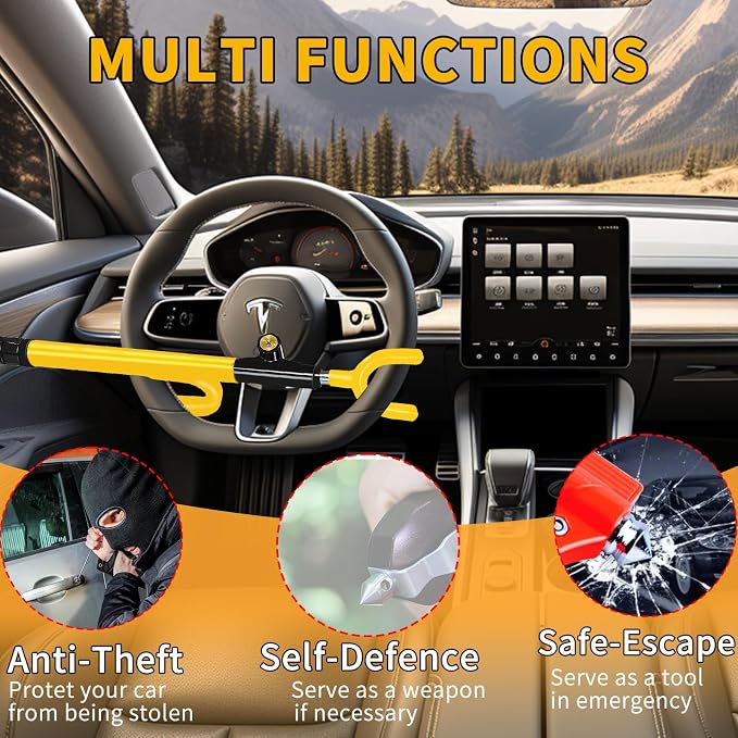 Steering Wheel Lock, Heavy Duty Anti-Theft Car Device, Adjustable Length Locking - Image 5