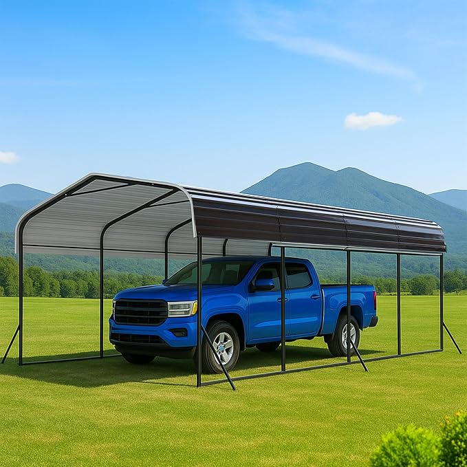 12x24 Metal Carport with Base Fixings Heavy Duty Garage Outdoor Chrome Plated by ZYNFYLUS