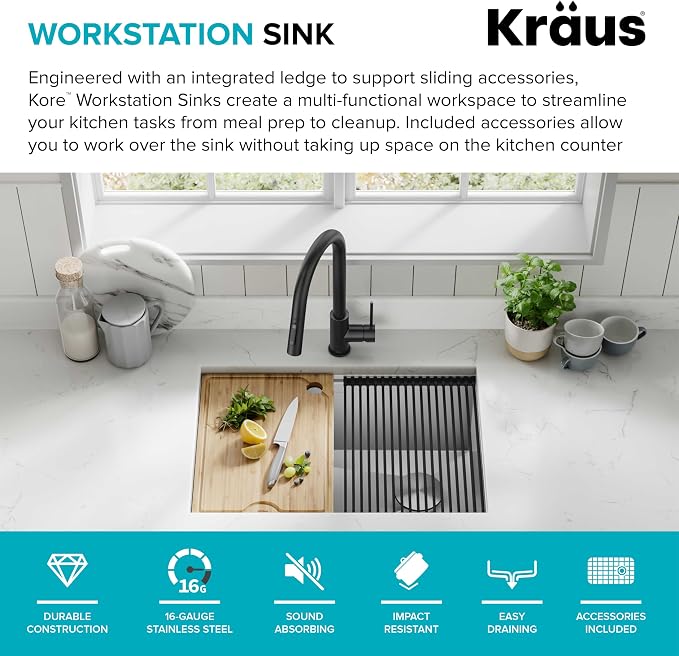 KRAUS Kore 27-Inch Undermount Workstation 16 Gauge Single Bowl Stainless Steel - Image 3