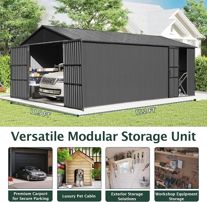 Domi 12’x15’ Outdoor Metal Garage Shed, Weatherproof Enclosed Carport - Image 9