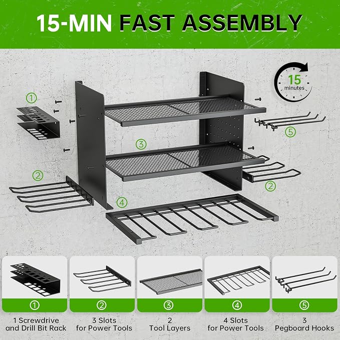 Power Tool Organizer, 3 Layer 8 Drill Holder Wall Mount, Tool Shelf and Storage - Image 4
