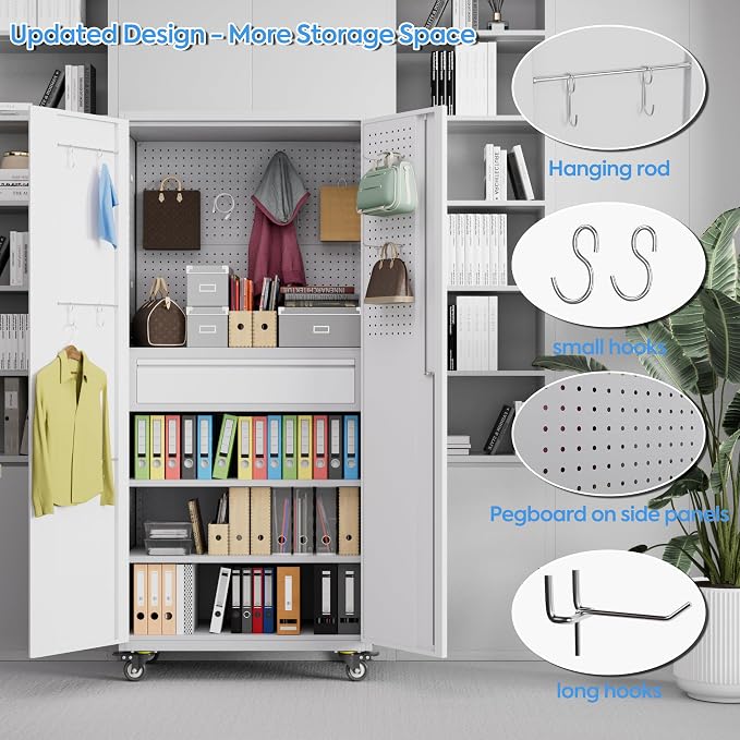 Garage Storage Cabinet with Locking Doors and 2 Adjustable Shelves, Pegboard - Image 5