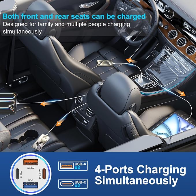 Car Charger USB C, 4 in 1 65W Fast Charging 4-Port Dual USBC & USB A Car Phone - Image 3