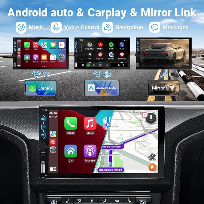 Double Din Car Stereo with Wireless Carplay and Wireless Android Auto, 7 Inch - Image 2