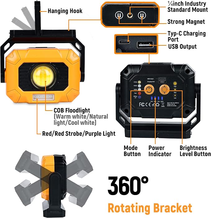 Adelante 2Pack Magnetic Work Light Rechargeable, 1500LM LED Work Light - Image 7