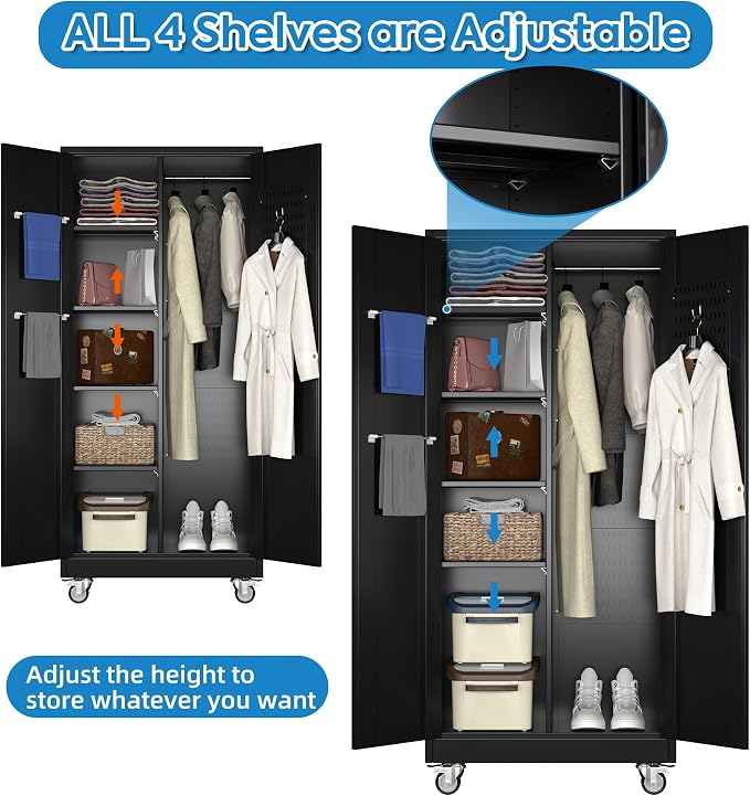 Garage Storage Cabinet with Wheels and 5 Pegboard, Broom Closet Storage Cabinet - Image 4