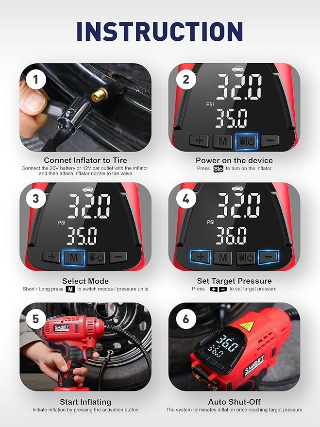 SMART JERRY - Car Tire Inflator Portable Air Compressor | 20V/12V Dual-Power - Image 4