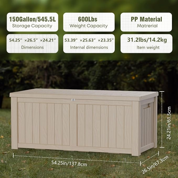 150 Gallon Lockable Resin Deck Box, Waterproof & UV-Resistant Outdoor Storage - Image 2
