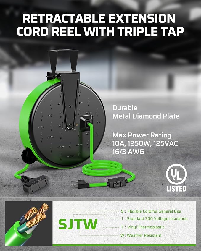 DEWENWILS 30FT Extension Cord Reel, 16/3 Gauge SJTW Power Cord, Retractable - Image 2