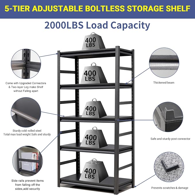 TOPKEY 5-Tier Utility Shelves Garage Storage Shelves, Heavy Duty Metal Storage - Image 5