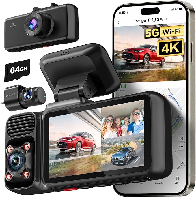 REDTIGER F17 4K 3 Channel Dash Cam, 5GHz WiFi Built-in GPS by REDTIGER