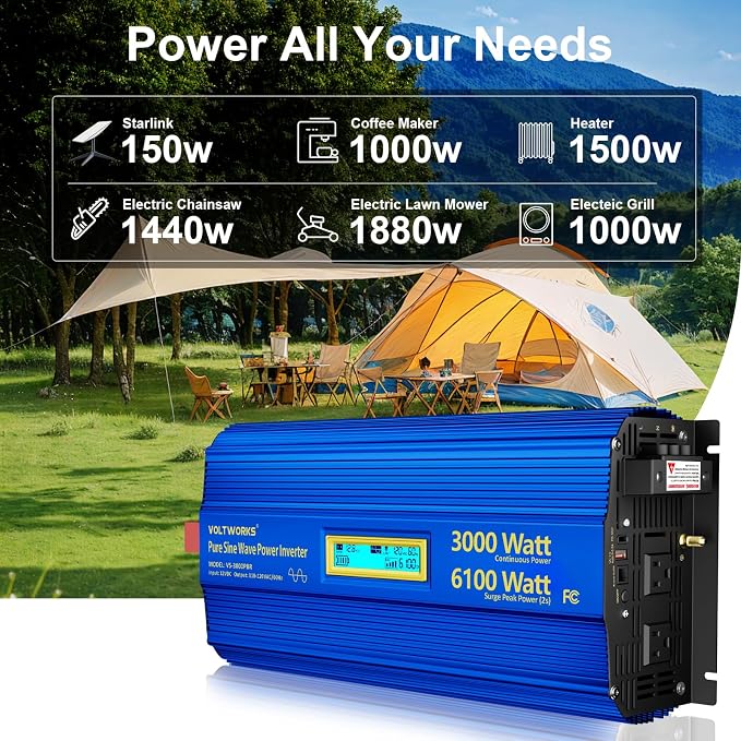 3000 Watt Pure Sine Wave Power Inverter 3000W 12V to 110V 120V AC, 6000W Surge - Image 2