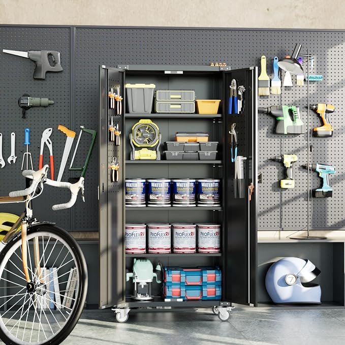 72" Metal Storage Cabinet with Wheels and Pegboard, Lockable Rolling Steel - Image 2