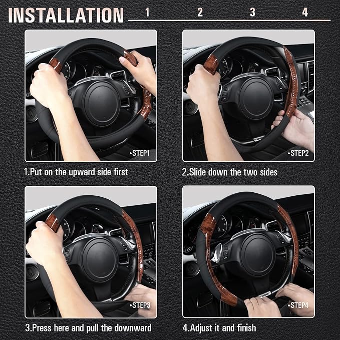 CAR PASS Wood Grain Microfiber Leather Sporty 14.5-15 inch Steering Wheel Cover - Image 3