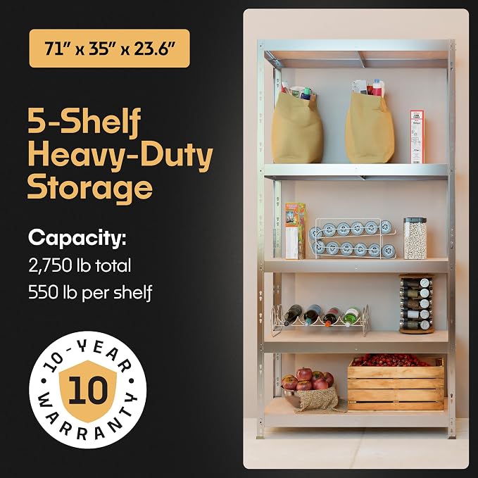 Storage Shelves: 5 Storage Shelves Heavy Duty w/ 2, 750 lb Total Load Capacity - Image 4