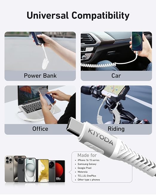 USB C to C Cable 6ft for Car, Coiled Braided USB Type C Cable 66W Fast Charging - Image 7