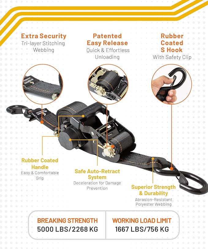 Strapinno Retractable Ratchet Tie-Down Straps, 000 lbs Breaking Strength- 2 in - Image 2