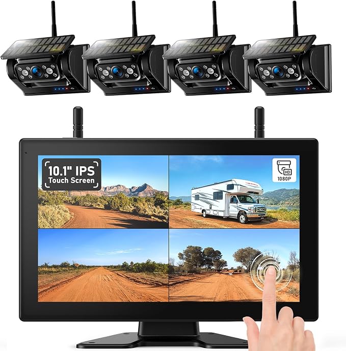 4 Magnetic Solar Wireless Backup Camera HD1080P DVR 10.1" Touchscreen Monitor by ZEROXCLUB